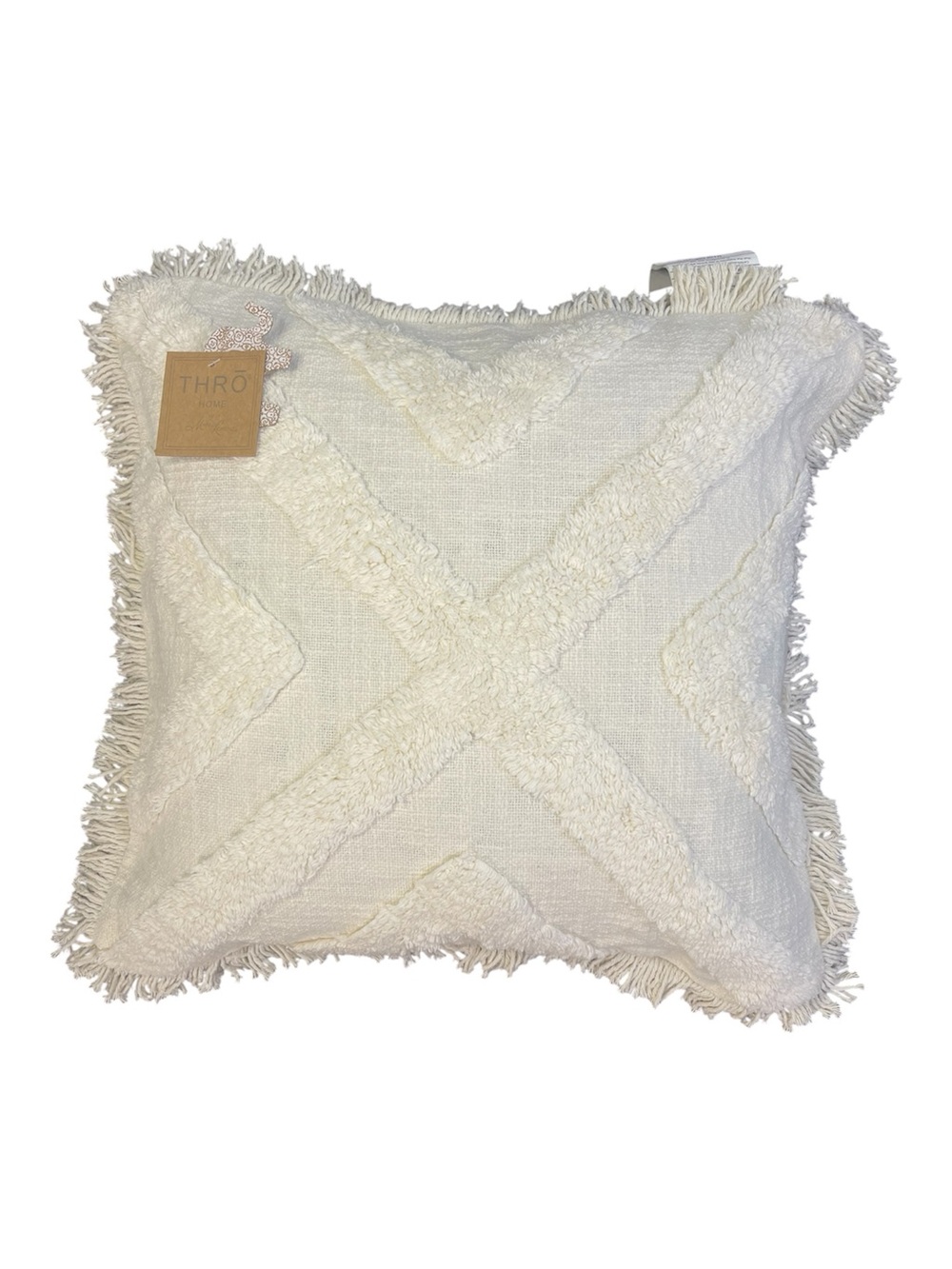 Thro home Marlo Lorenz 20x20” Ivory Terry Tufted Cotton Slub Fringe Pillow Cover